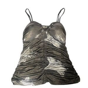 Janice Womens Metallic Ruched Camisole Top Black Gold Silver‎ Y2K Party Tank